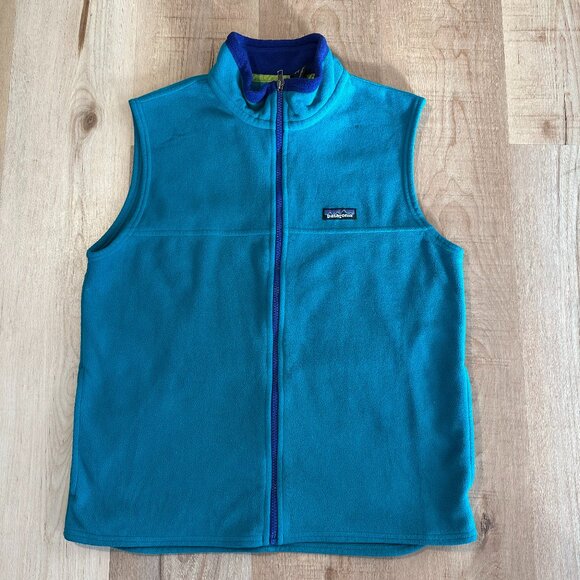Patagonia Vest Kids XL (14) Green Synchilla Worn Wear Fuzzy Outdoor Full Zip